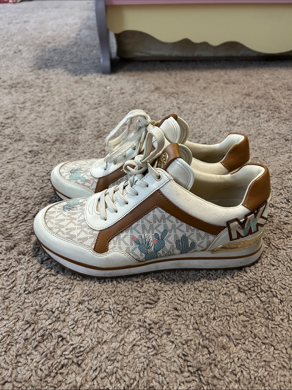 Michael Kors Cream & Brown Logo Sneakers with Floral Accents